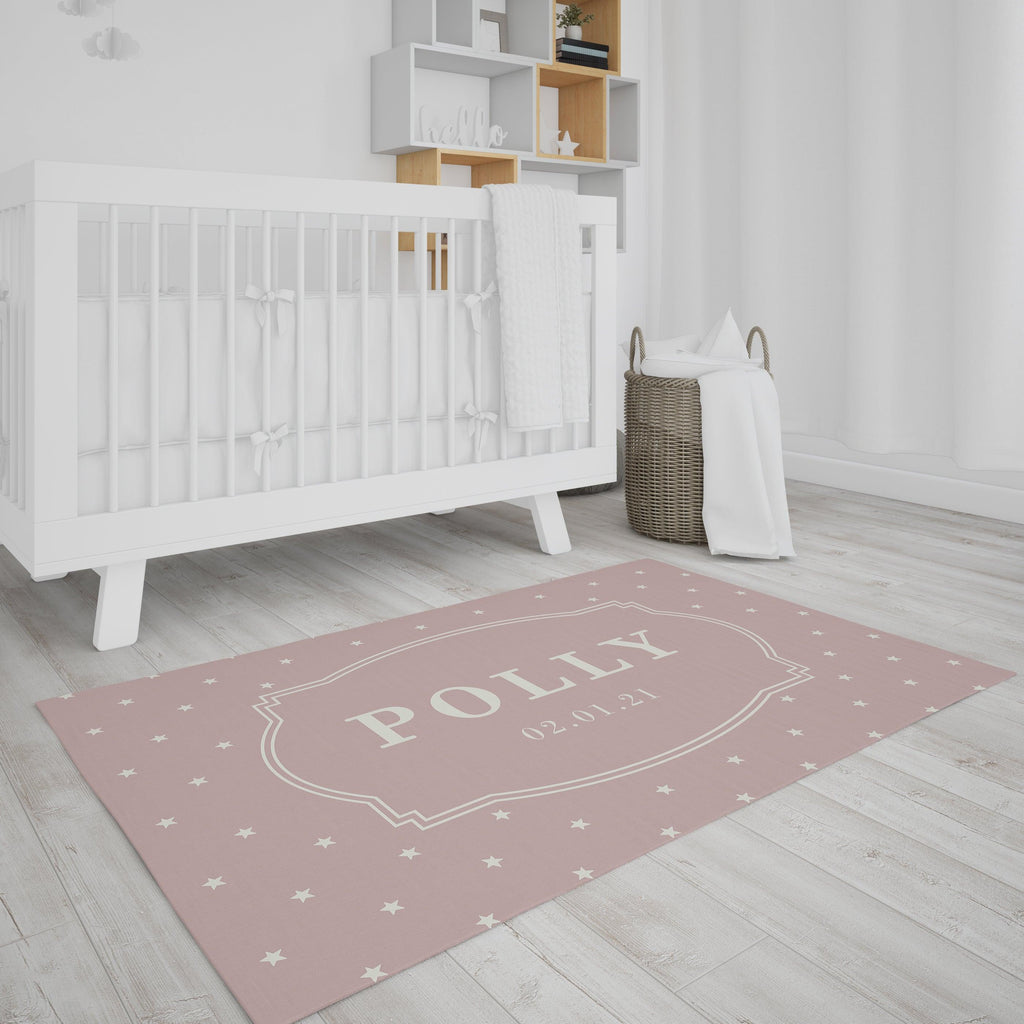 Bedroom Floor Mat - Stars - Peach - Personalised Name and Date - Kids, Babies, Infants, New Born, Nursery, Bedside, Carpet Yoosh