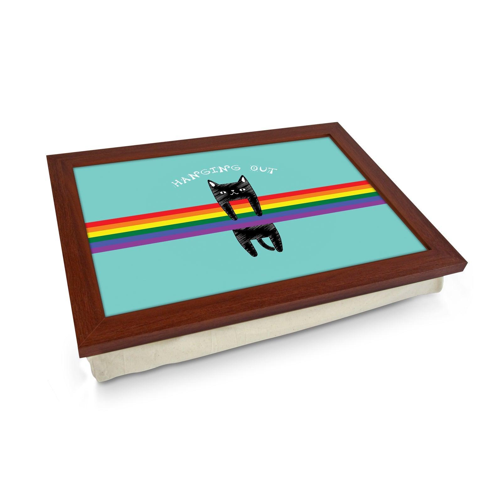 'Hanging Out' Black Cat On A Rainbow Lap Tray - L1037 - Cushioned Lap Trays by Yoosh