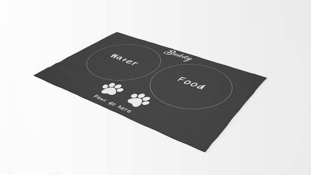 Pet Food Floor Mat - Paws Go Here - Black & White - Personalised Name Cushioned Lap Trays by Yoosh