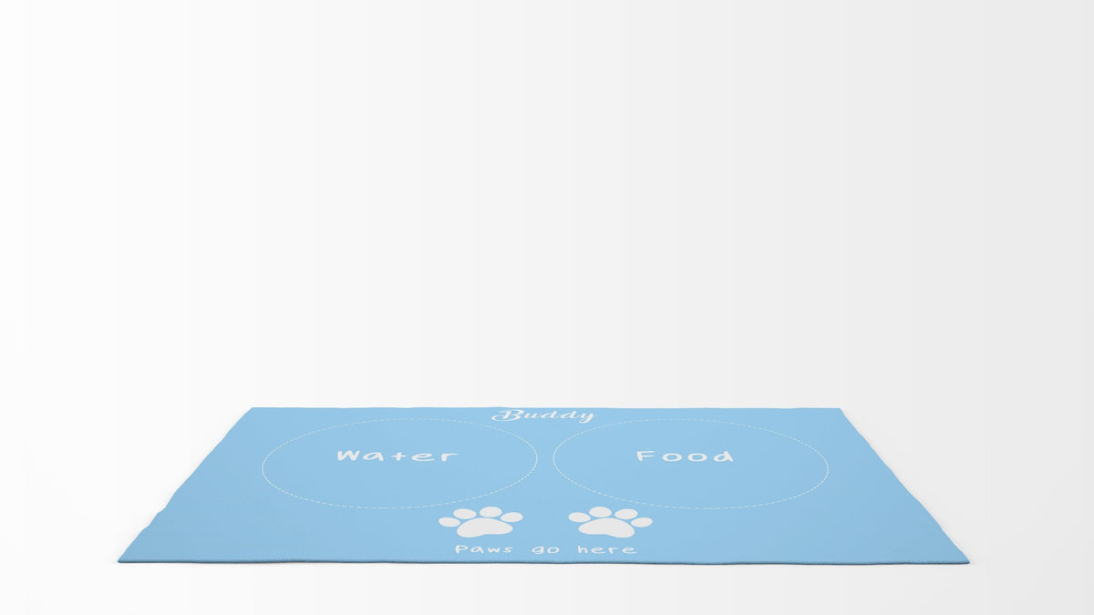 Pet Food Floor Mat Paws Go Here Light Blue Personalised Name Yoosh