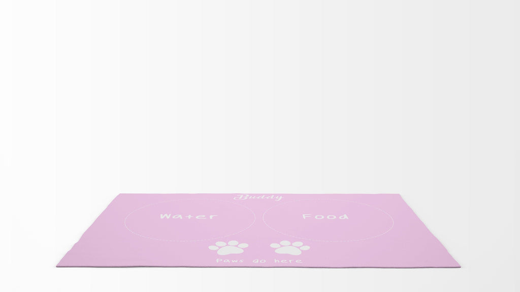Pet Food Floor Mat - Paws Go Here- Pink - Personalised Name Cushioned Lap Trays by Yoosh