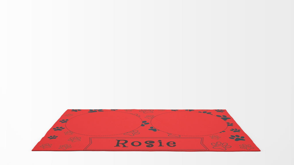 Pet Food Floor Mat - Pet Paw Print w Bowl Spots- Red - Personalised Name Cushioned Lap Trays by Yoosh