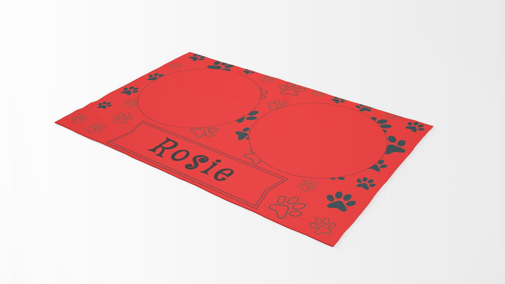 Pet Food Floor Mat - Pet Paw Print w Bowl Spots- Red - Personalised Name Cushioned Lap Trays by Yoosh