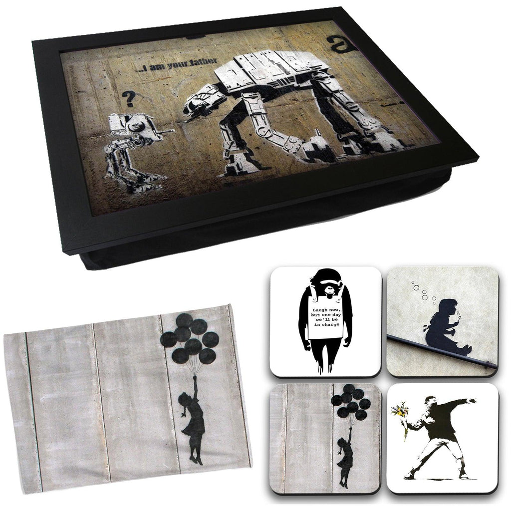 Banksy Collection Gift Set 1 - I Am Your Father Lap Tray - Bubble Girl Hand Towel - 4 Assorted Coasters - Cushioned Lap Trays by Yoosh