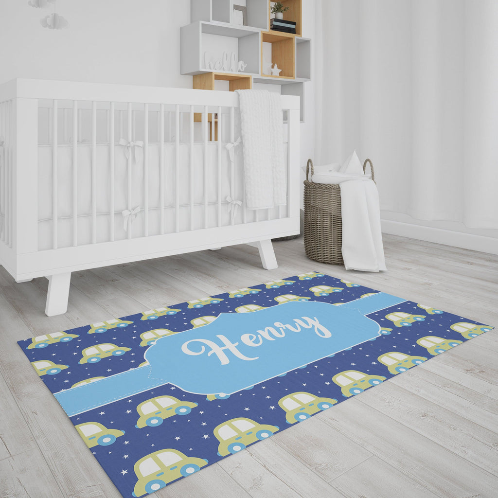 Bedroom Floor Mat - Cars Print - Blue - Personalised Name - Kids, Babies, Infants, New Born, Nursery, Bedside, Carpet Yoosh