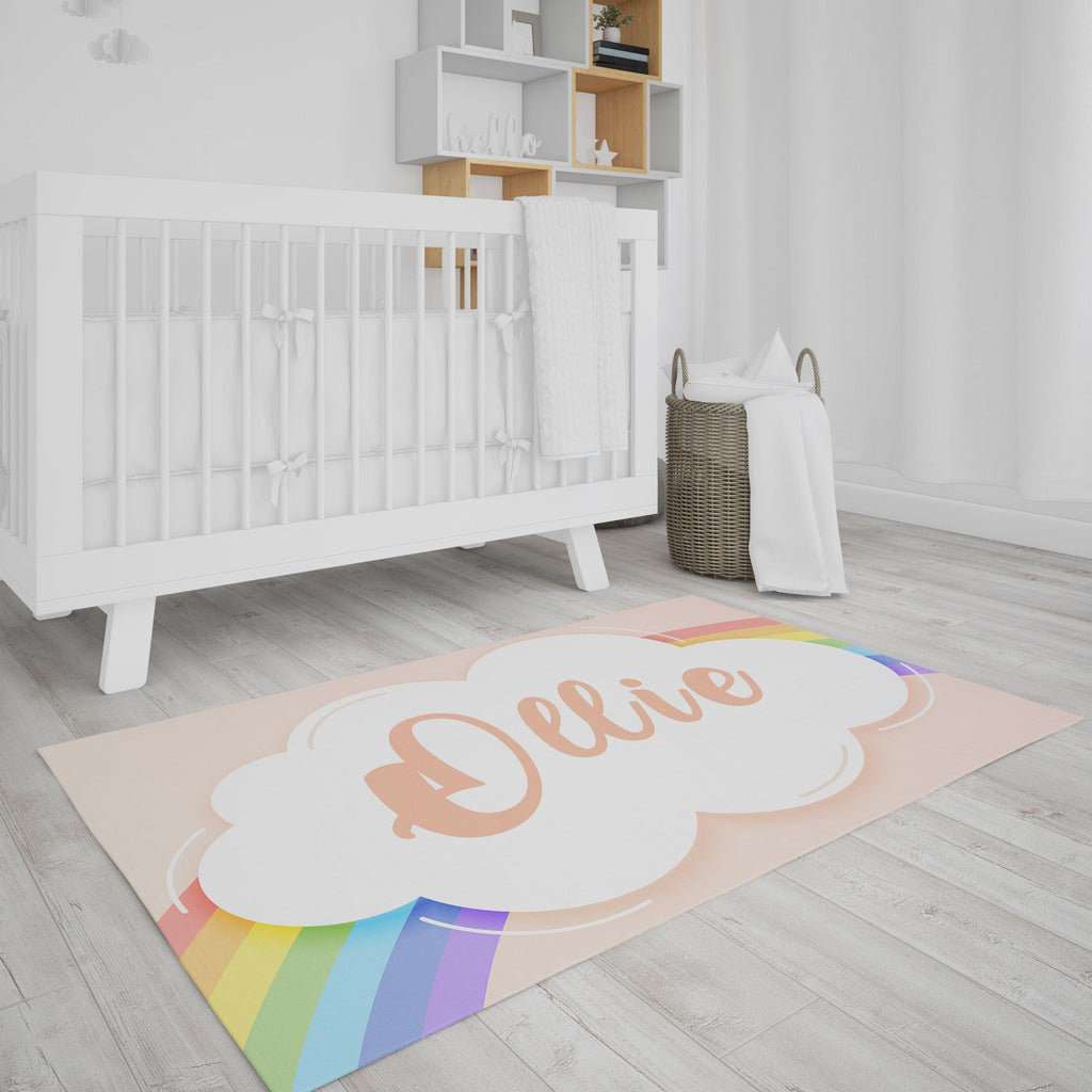 Bedroom Floor Mat - Cloud & Rainbow - Peach - Personalised Name - Kids, Babies, Infants, New Born, Nursery, Bedside, Carpet Yoosh