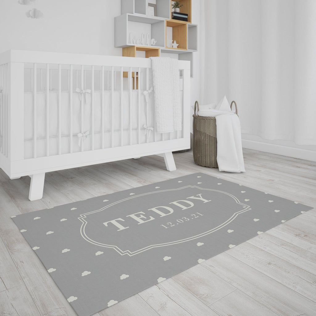 Bedroom Floor Mat - Clouds - Grey - Personalised Name & Date - Kids, Babies, Infants, New Born, Nursery, Bedside, Carpet Yoosh