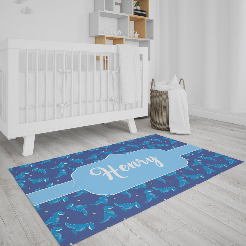 Bedroom Floor Mat - Dinosaur Print - Blue - Personalised Name - Kids, Babies, Infants, New Born, Nursery, Bedside, Carpet Yoosh
