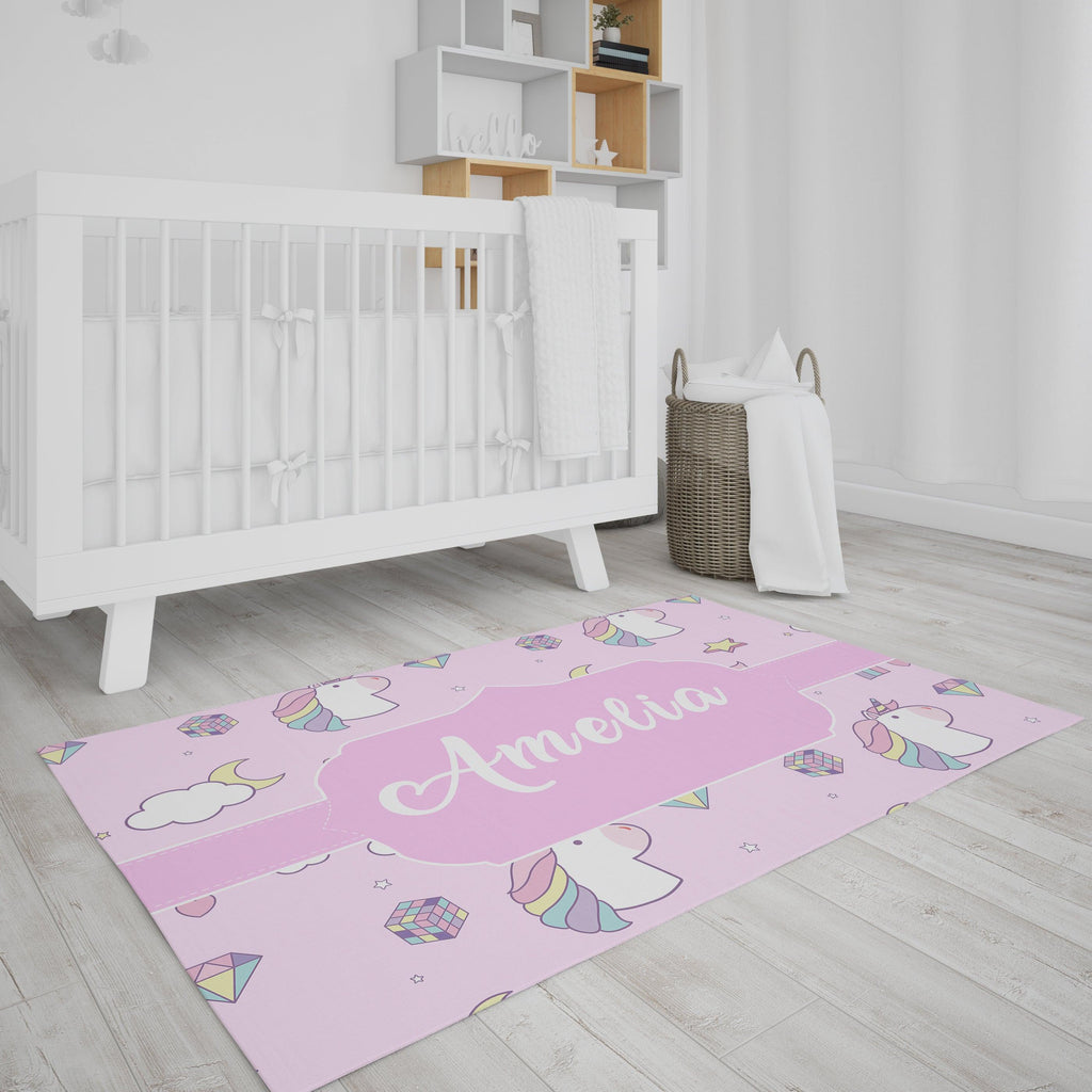 Bedroom Floor Mat - Unicorn - Pink - Personalised Name - Kids, Babies, Infants, New Born, Nursery, Bedside, Carpet Yoosh