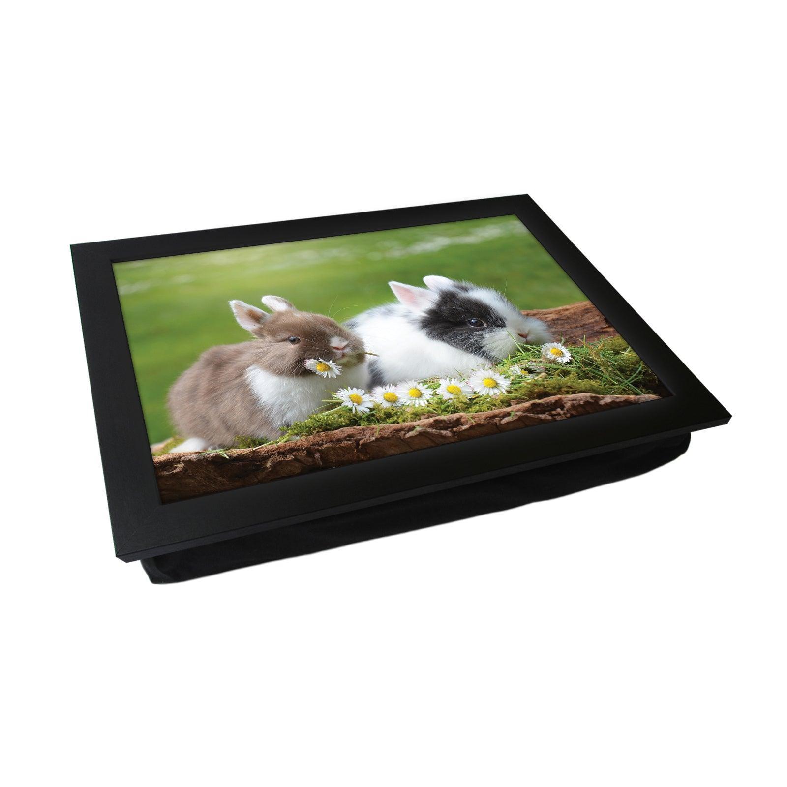 Cute Rabbits Eating Flowers Lap Tray - L1197 - Cushioned Lap Trays by Yoosh
