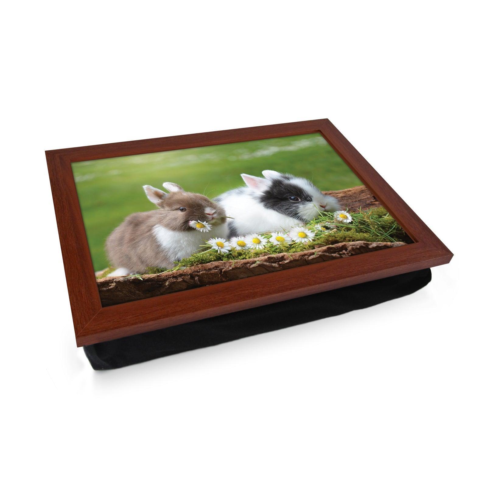 Cute Rabbits Eating Flowers Lap Tray - L1197 - Cushioned Lap Trays by Yoosh
