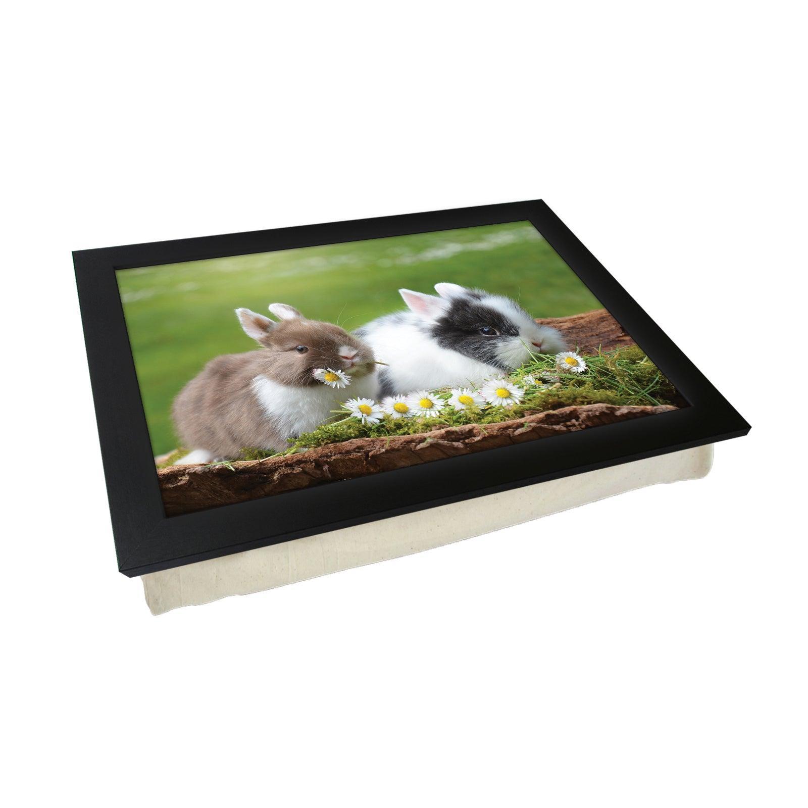Cute Rabbits Eating Flowers Lap Tray - L1197 - Cushioned Lap Trays by Yoosh