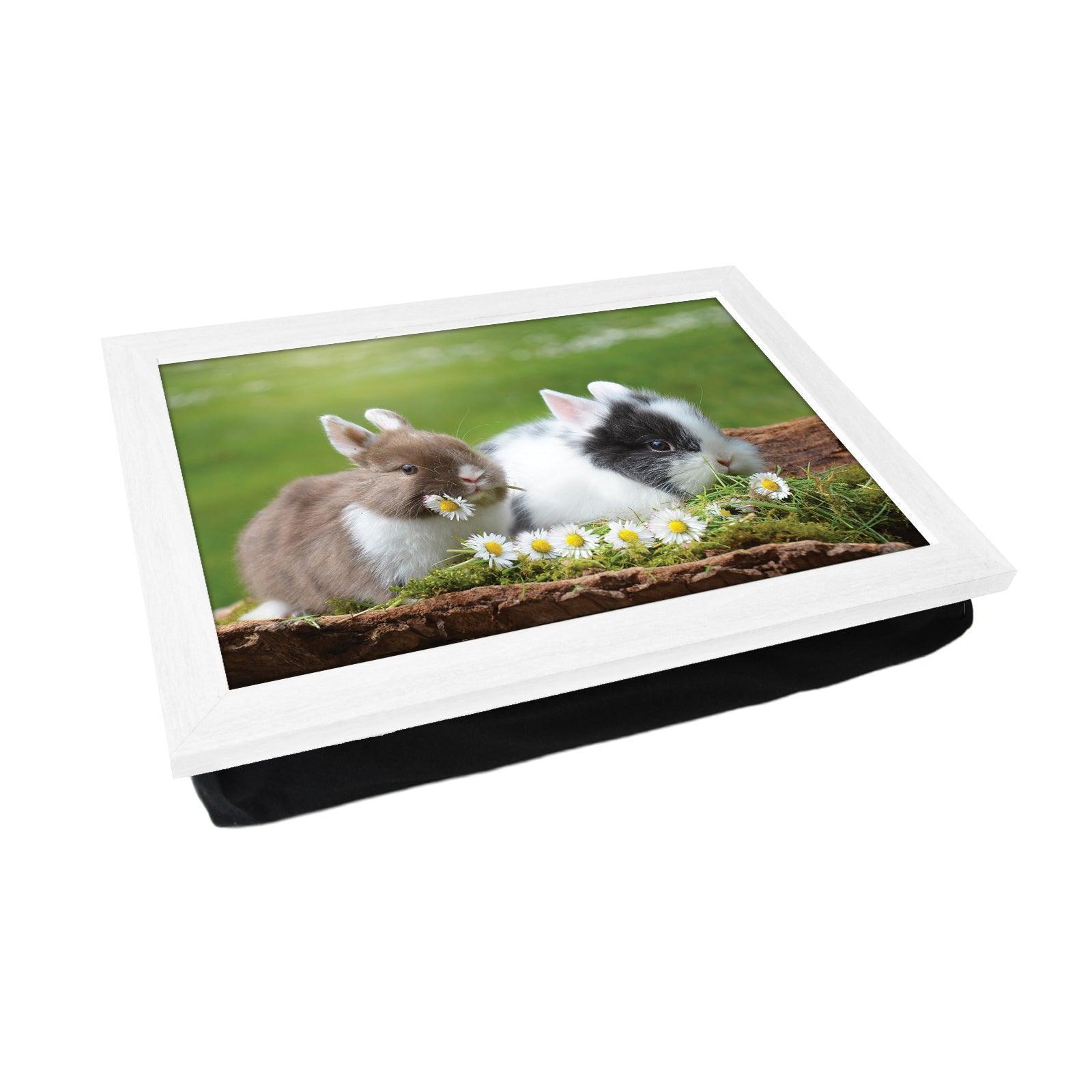 Cute Rabbits Eating Flowers Lap Tray - L1197 - Cushioned Lap Trays by Yoosh
