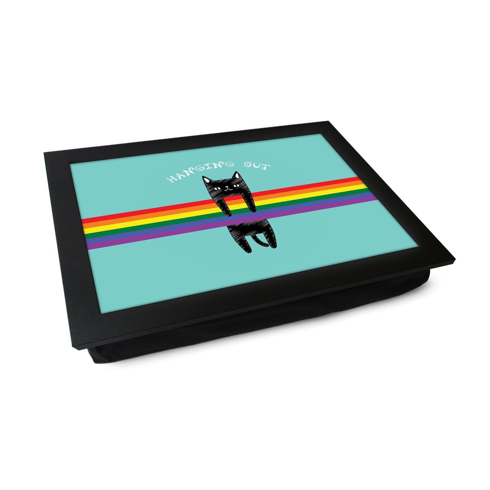 'Hanging Out' Black Cat On A Rainbow Lap Tray - L1037 - Cushioned Lap Trays by Yoosh