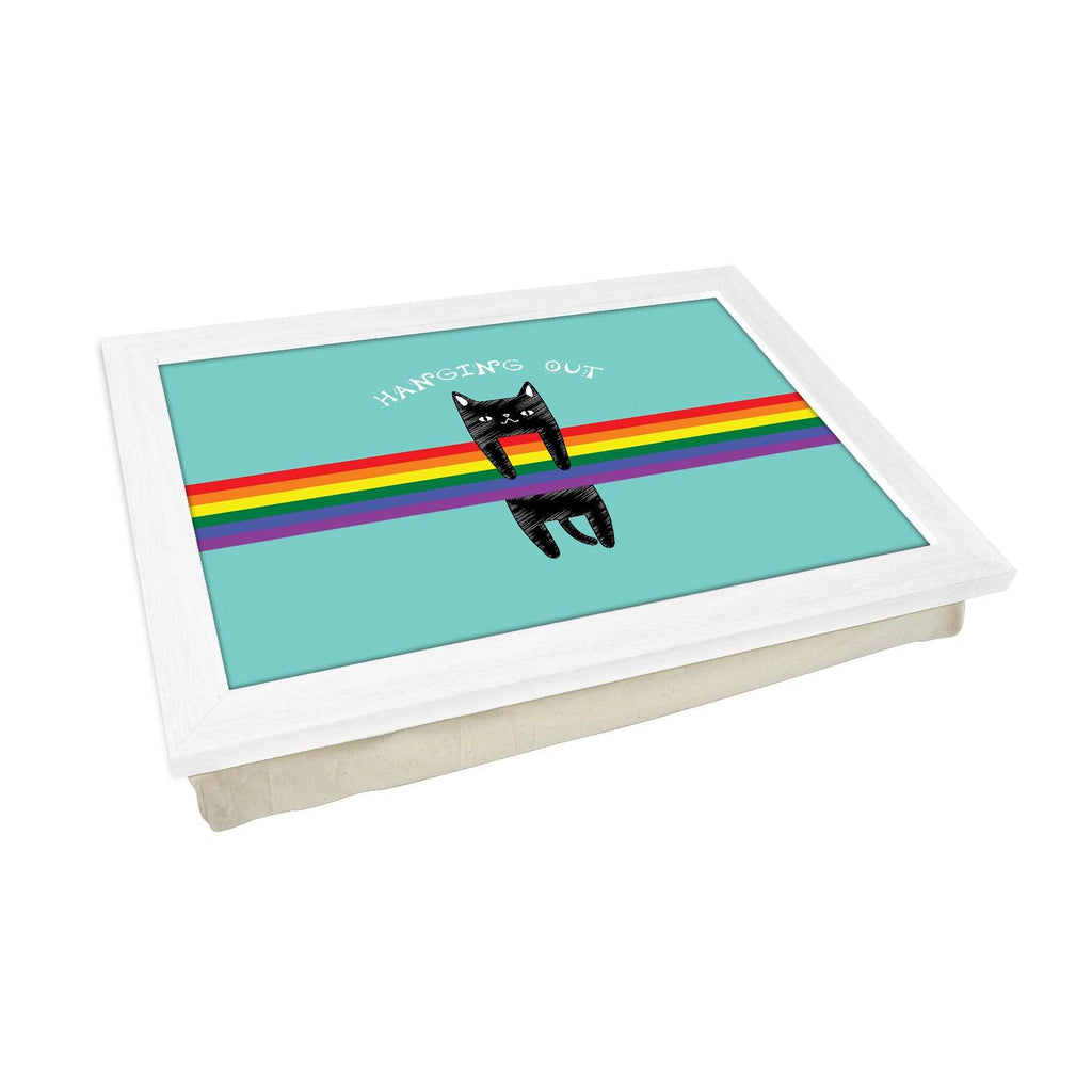 'Hanging Out' Black Cat On A Rainbow Lap Tray - L1037 - Cushioned Lap Trays by Yoosh