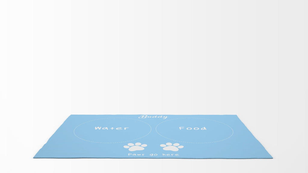 Pet Food Floor Mat - Paws Go Here- Light Blue - Personalised Name Cushioned Lap Trays by Yoosh