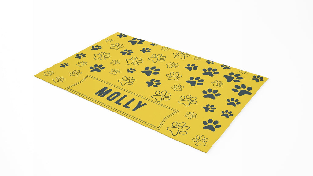 Pet Food Floor Mat - Pet Paw Print - Yellow - Personalised Name Cushioned Lap Trays by Yoosh